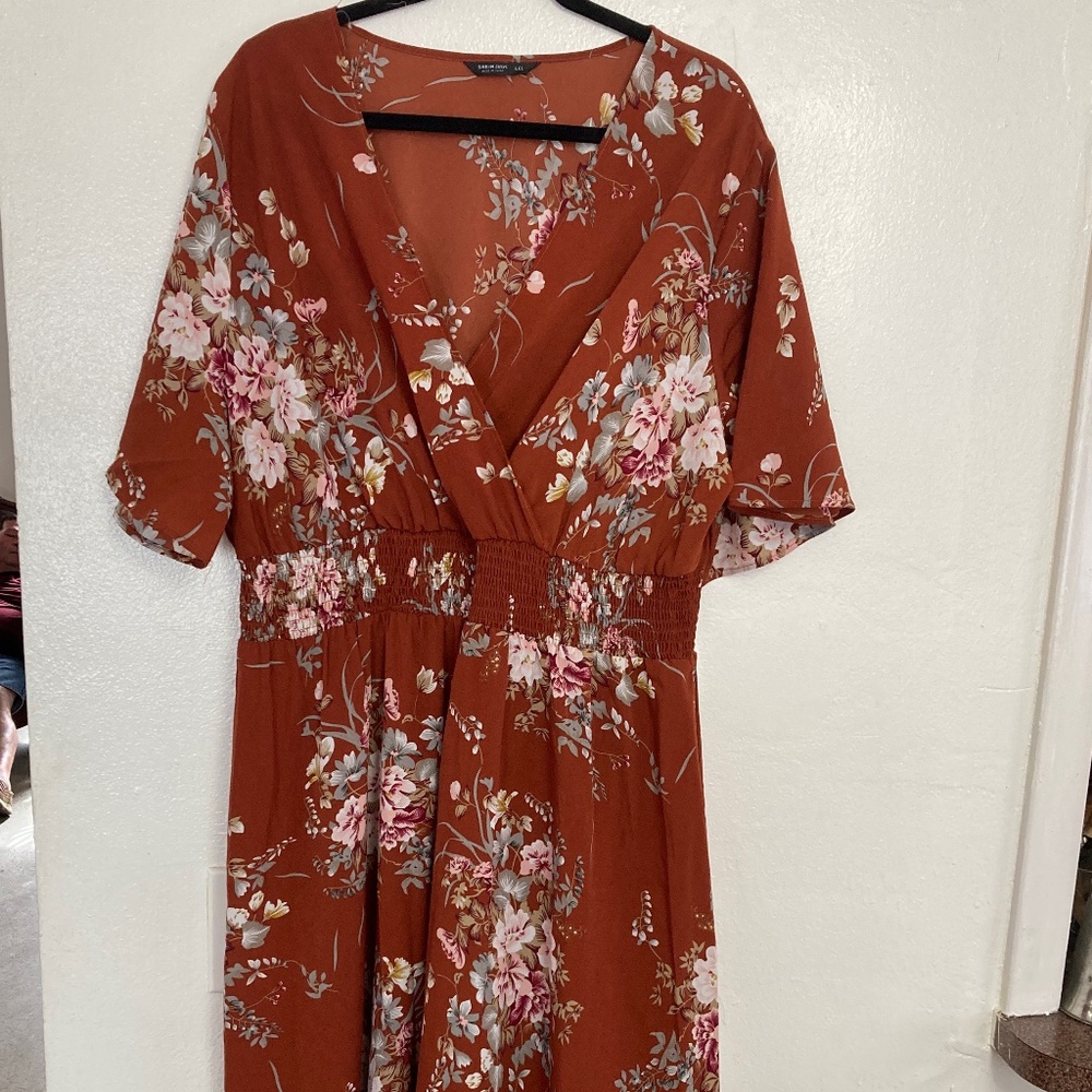 Floral Orange V Neck Plus Size Dress